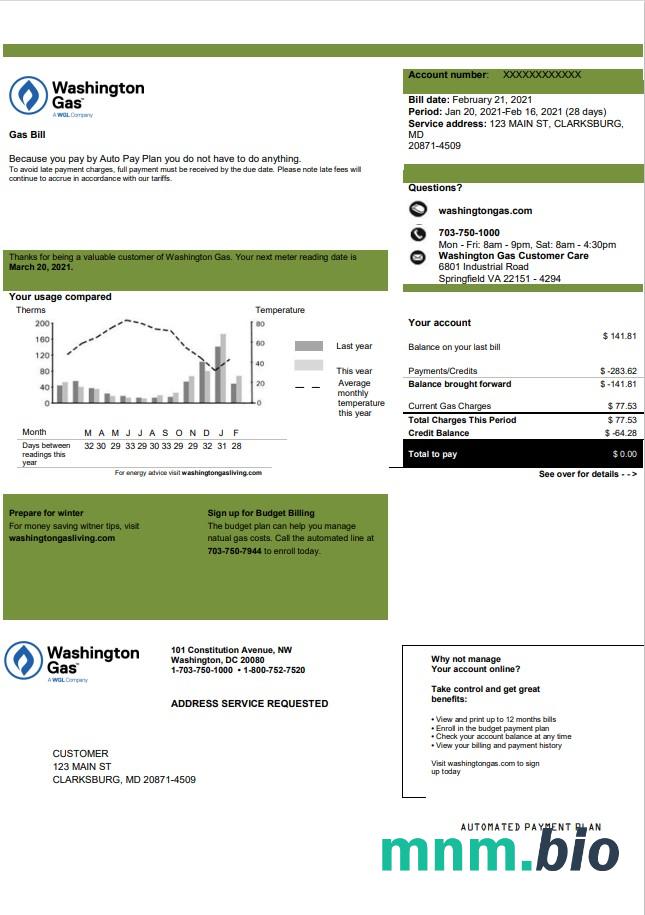 Szablon rachunku za media w USA Washington Gas (WGL) w formacie Word i PDF